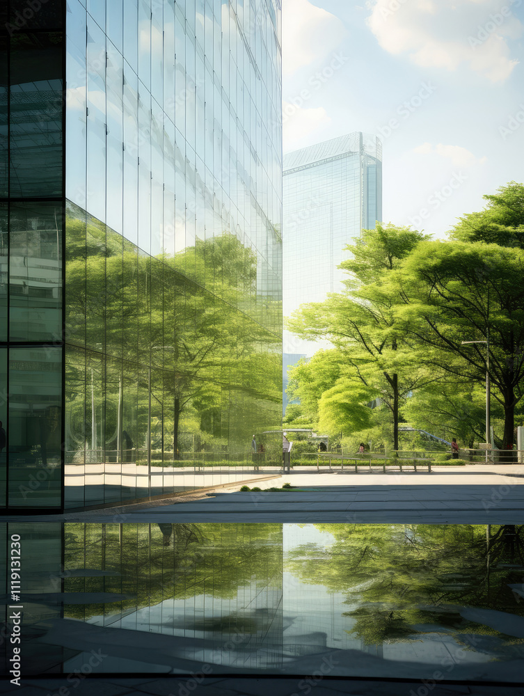 Obraz premium Urban Oasis: Greenery Reflection on Glass Facade
