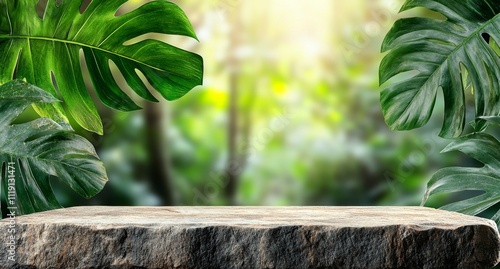 Stone Tabletop Mockup  Tropical Leaves  Jungle Background