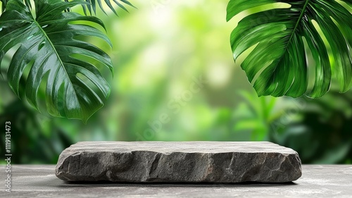 Stone Product Display  Tropical Leaves Background  Mockup