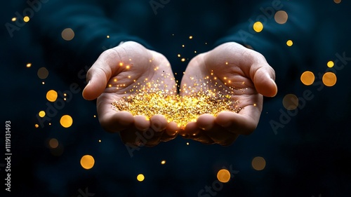 Golden Glitter in Hands  Magical Sparkle  Festive Lights