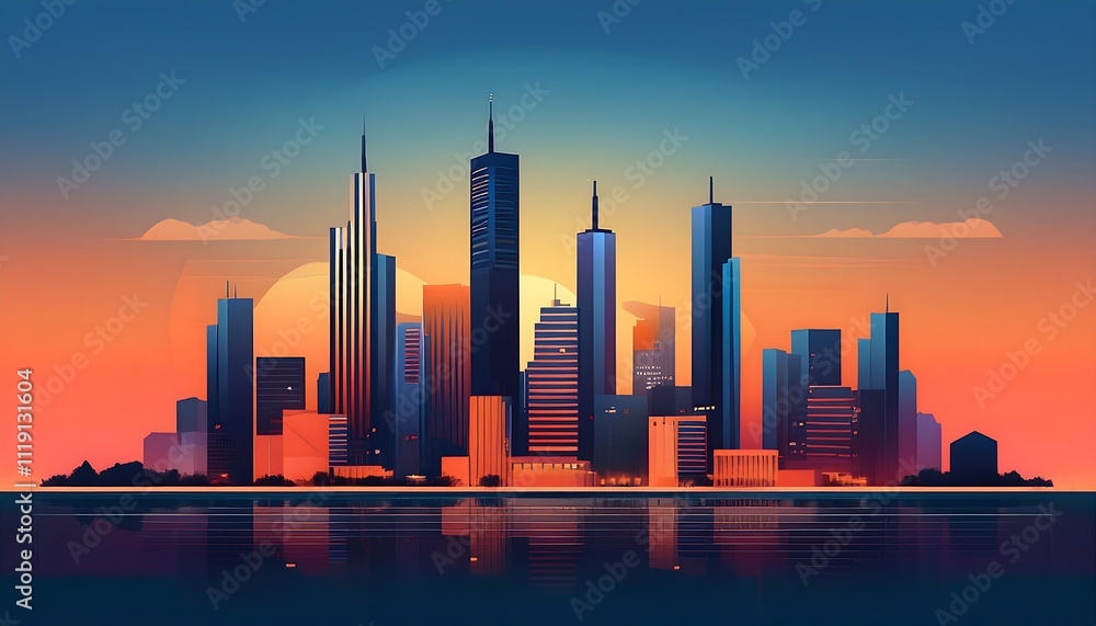 Obraz premium Vibrant city skyline at sunset.
