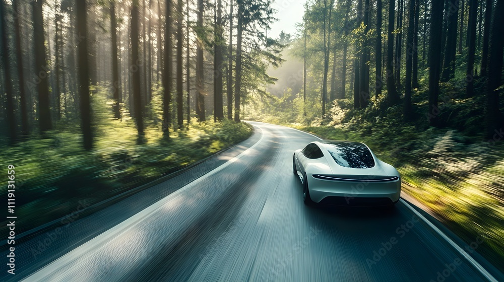 Obraz premium EV car, Electric car or hydrogen energy car on road midst forest and natural. Environmental friendly travel. Sustainable transportation and green logistic to Net zero carbon emission for Save earth