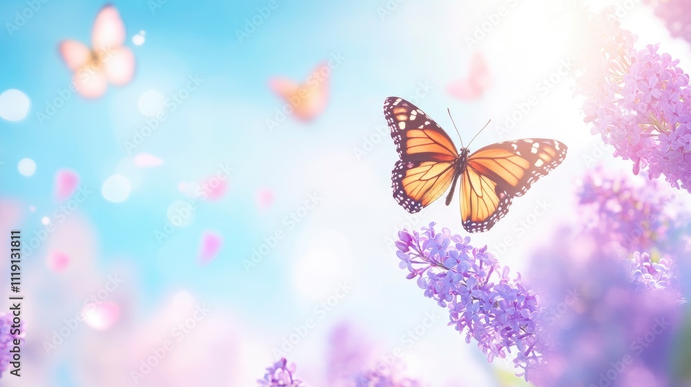 Beautiful butterfly flying over lilac flowers on blur bright blue sky background Beautiful butterfly flying over lilac flowers on blur bright blue sky background