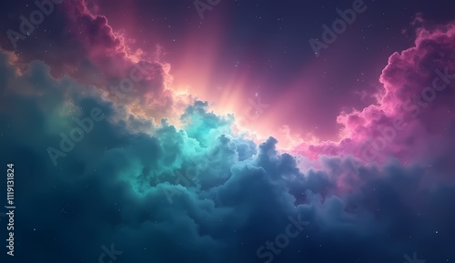 Ethereal Cloudy Skies, dramatic colors, atmospheric energy, cosmic landscape, digital illustration