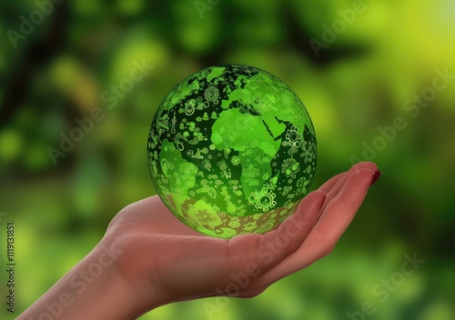 Hand Holding Green Globe with Eco Symbols