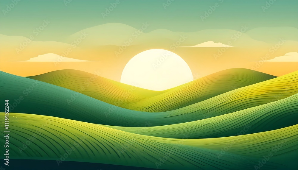 Serene landscape with rolling hills and sunrise. Serene landscape with rolling hills and sunrise.