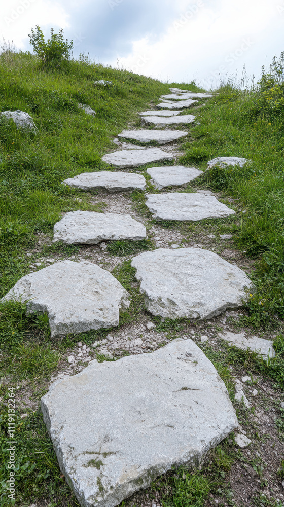 Old stone path leading through green grass, creating rustic and serene atmosphere Old stone path leading through green grass, creating rustic and serene atmosphere