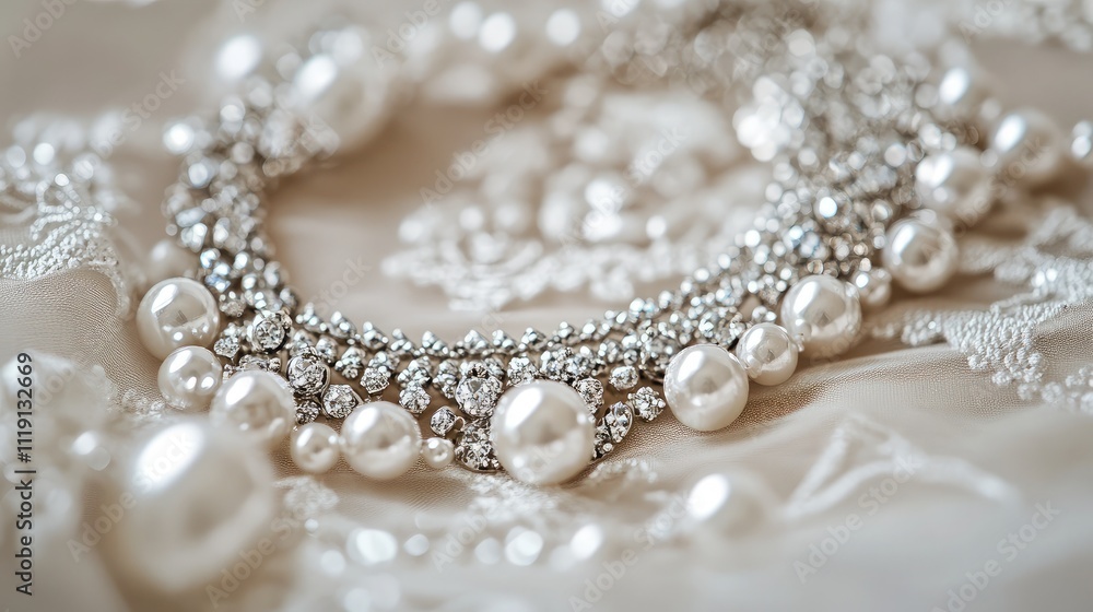 Elegant Close-Up of a Beautiful Pearl Necklace with Sparkling Diamonds on an Exquisite Fabric Background, Ideal for Fashion and Jewelry Photography Elegant Close-Up of a Beautiful Pearl Necklace with Sparkling Diamonds on an Exquisite Fabric Background, Ideal for Fashion and Jewelry Photography