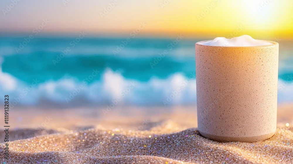 Sparkling Beach Sand Ocean Waves Sunrise Summer Drink in Beige Cup Sparkling Beach Sand Ocean Waves Sunrise Summer Drink in Beige Cup