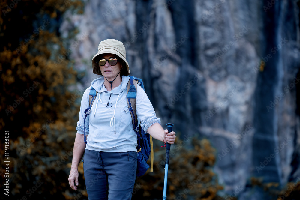 Hikers or explorers on journey carrying backpack, trekking poles looks into the distance observing and possibly guide trekking and trail exploration holiday ecotourism concept. Hikers or explorers on journey carrying backpack, trekking poles looks into the distance observing and possibly guide trekking and trail exploration holiday ecotourism concept.