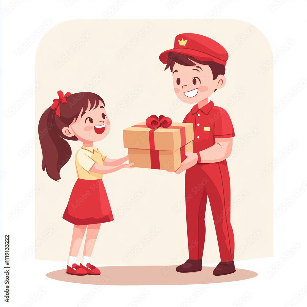 Messenger in red uniform give a gift box to little girl. delivery service for holiday. Messenger in red uniform give a gift box to little girl. delivery service for holiday.
