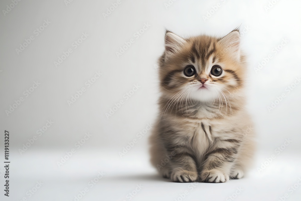 Fototapeta premium Fluffy kitten, small and cute, sitting on white background, full-body shot, high resolution.