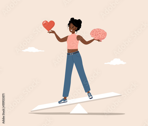 Brain and Heart Balance. Emotional Intelligence concept. African Female character find balance between heart and brain. Vector illustration in flat cartoon style.