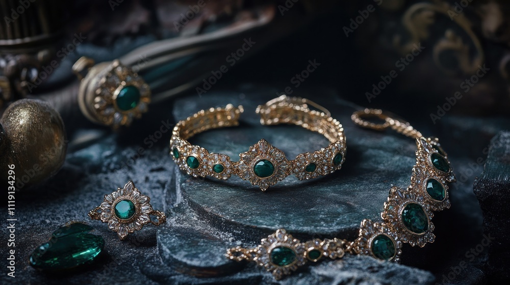 Emerald and Diamond Jewelry on a Dark Background Emerald and Diamond Jewelry on a Dark Background