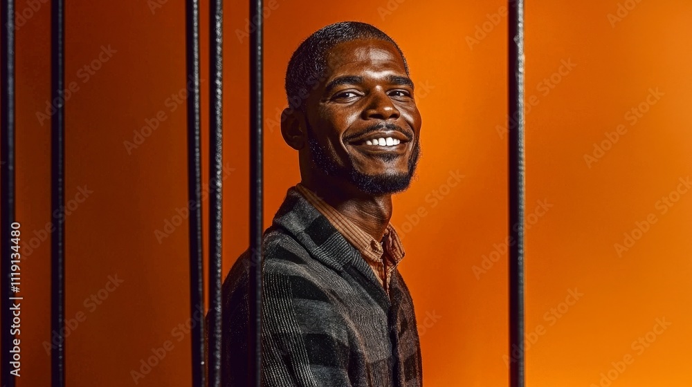 Naklejka premium Confident Black Man Portrait Orange Background Studio Shot Bars Hope Freedom