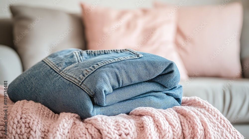 Cozy Living Room Scene Featuring a Neatly Folded Pair of Jeans on an Elegant Throw Blanket with Soft Pillows Creating a Comfortable Home Atmosphere Cozy Living Room Scene Featuring a Neatly Folded Pair of Jeans on an Elegant Throw Blanket with Soft Pillows Creating a Comfortable Home Atmosphere