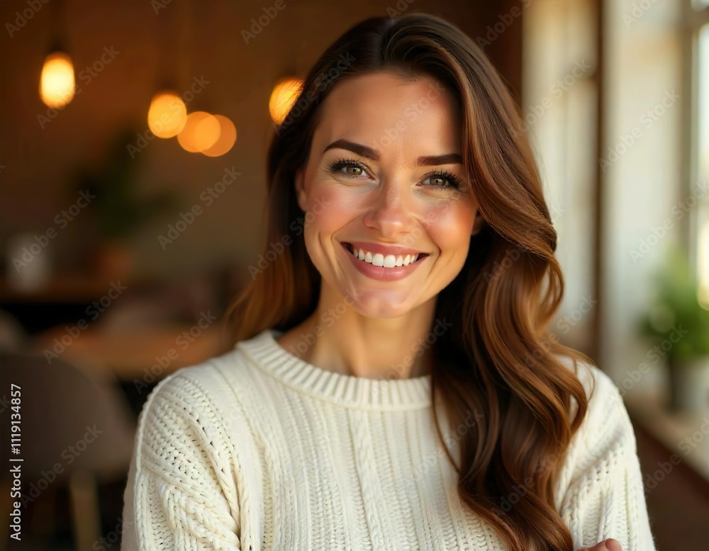 A 35-year-old Caucasian woman oversize, fat with long brown wavy hair wearing a cozy white cable knit sweater, smiling warmly at the camera in a cozy indoor setting A 35-year-old Caucasian woman oversize, fat with long brown wavy hair wearing a cozy white cable knit sweater, smiling warmly at the camera in a cozy indoor setting