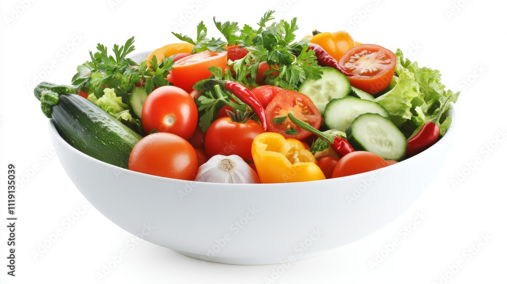 Vegetables salad of bowl explosion with chili, tomatoes, garlic, cucumber splashing elements isolated on white background. Vector realistic in 3D illustration. Vegetables salad of bowl explosion with chili, tomatoes, garlic, cucumber splashing elements isolated on white background. Vector realistic in 3D illustration.