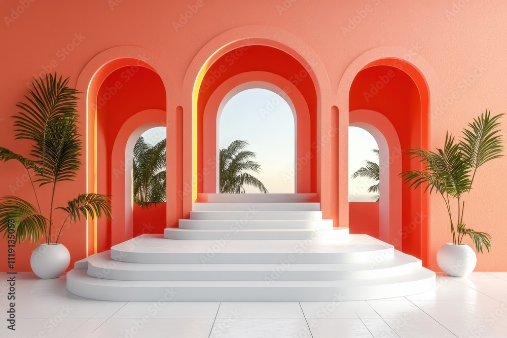 Fototapeta premium A modern architectural space with arches and steps, featuring palm plants and a vibrant backdrop.