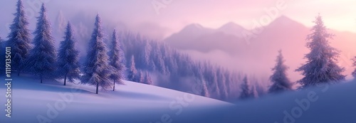 Christmas and winter landscape on blurred background, Christmas tree, pine branch or fir tree. Festive vacation background. banner