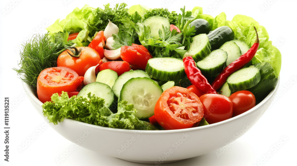 Vegetables salad of bowl explosion with chili, tomatoes, garlic, cucumber splashing elements isolated on white background. Vector realistic in 3D illustration. Vegetables salad of bowl explosion with chili, tomatoes, garlic, cucumber splashing elements isolated on white background. Vector realistic in 3D illustration.