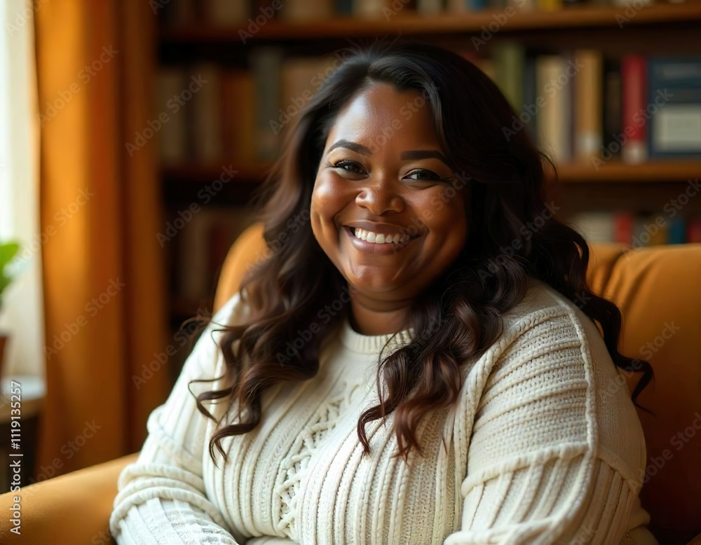A 35-year-old black woman oversize, fat with long brown wavy hair wearing a cozy white cable knit sweater, smiling warmly at the camera in a cozy indoor setting A 35-year-old black woman oversize, fat with long brown wavy hair wearing a cozy white cable knit sweater, smiling warmly at the camera in a cozy indoor setting