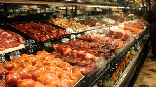 Variety of Meats Displayed in a Refrigerated Case