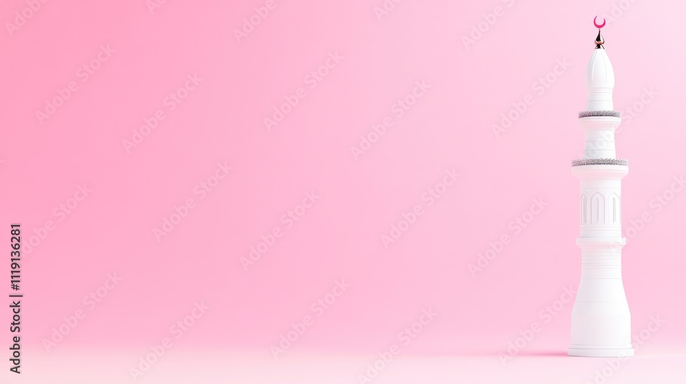 A minimalist white mosque minaret against a pink background. A minimalist white mosque minaret against a pink background.