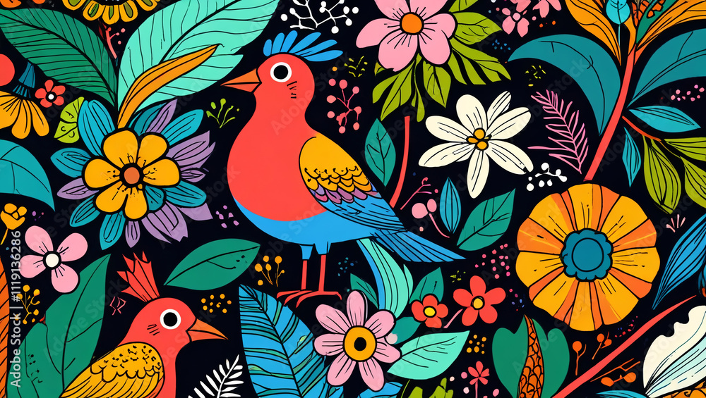 Fototapeta premium background illustration with bird and flower pattern