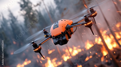 High-Tech Drone Flying Over Forest Fire Capturing Aerial Footage Amidst Intense Flames and Smoke in a Wildfire Environment photo