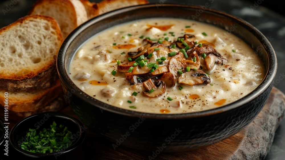 Creamy mushroom soup in a bowl with toasted bread. Creamy mushroom soup in a bowl with toasted bread.