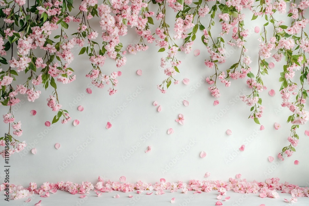 Fototapeta premium A serene backdrop of pink flowers cascading down, creating a beautiful and calming floral atmosphere.
