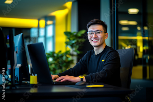 Asian male working in IT, tech or computer industry as a data scientist or developer in a modern office as a remote worker	