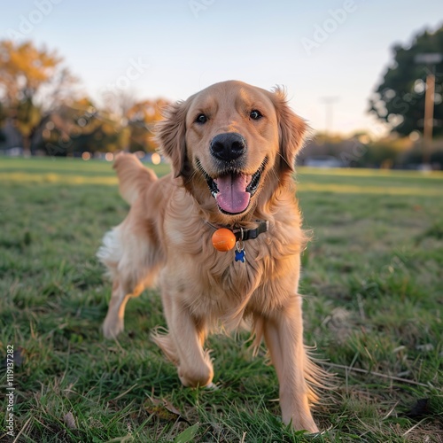 Happy Golden Retriever running in a park at sunset.