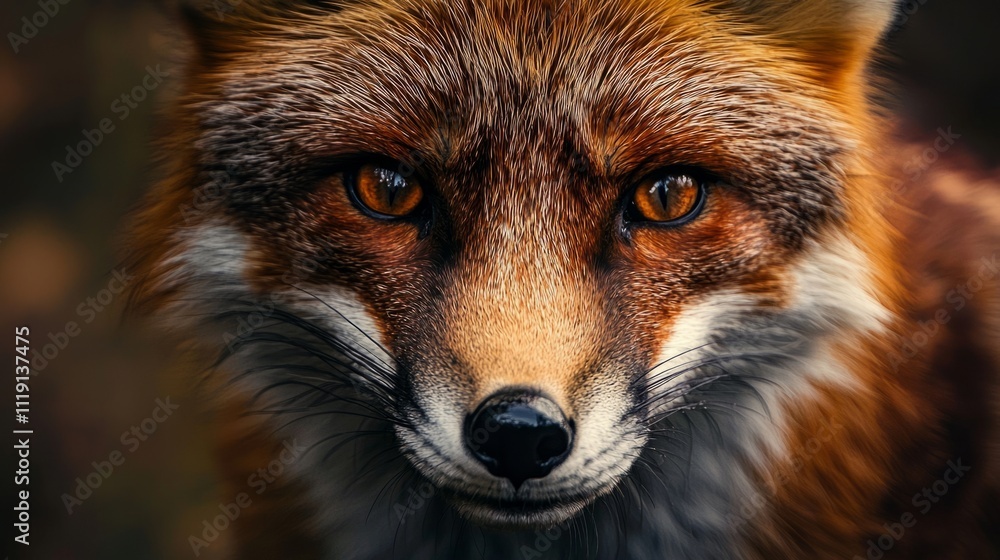 Fototapeta premium Close-up view of a red fox with striking orange eyes in the wild during late afternoon