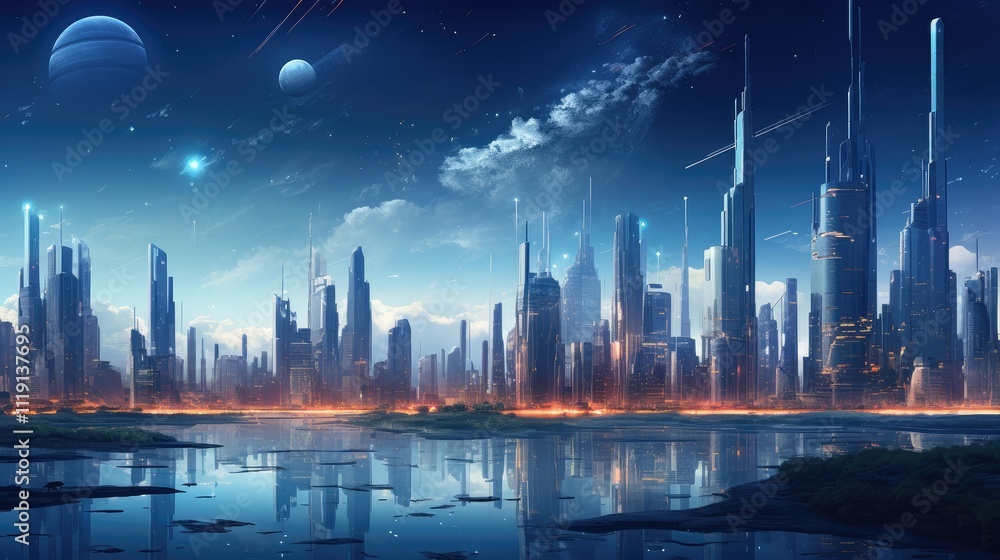 Futuristic Cityscape Under Starlit Sky Futuristic Cityscape Under Starlit Sky