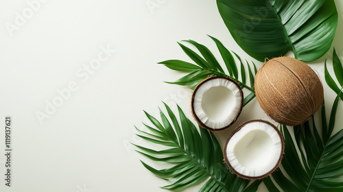 Fresh coconut with halves and green leaves arranged on white background