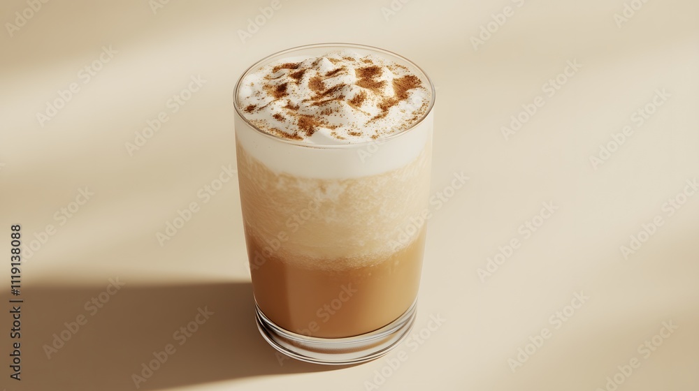 A chilled iced chai latte with cinnamon and nutmeg sprinkled on top, set on a light beige background A chilled iced chai latte with cinnamon and nutmeg sprinkled on top, set on a light beige background