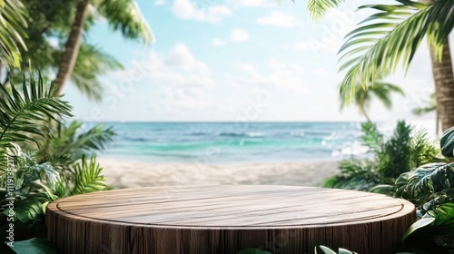 Wooden platform on tropical beach; palm trees and ocean blur. Perfect for showcasing products, summer themes, or travel promotions. photo