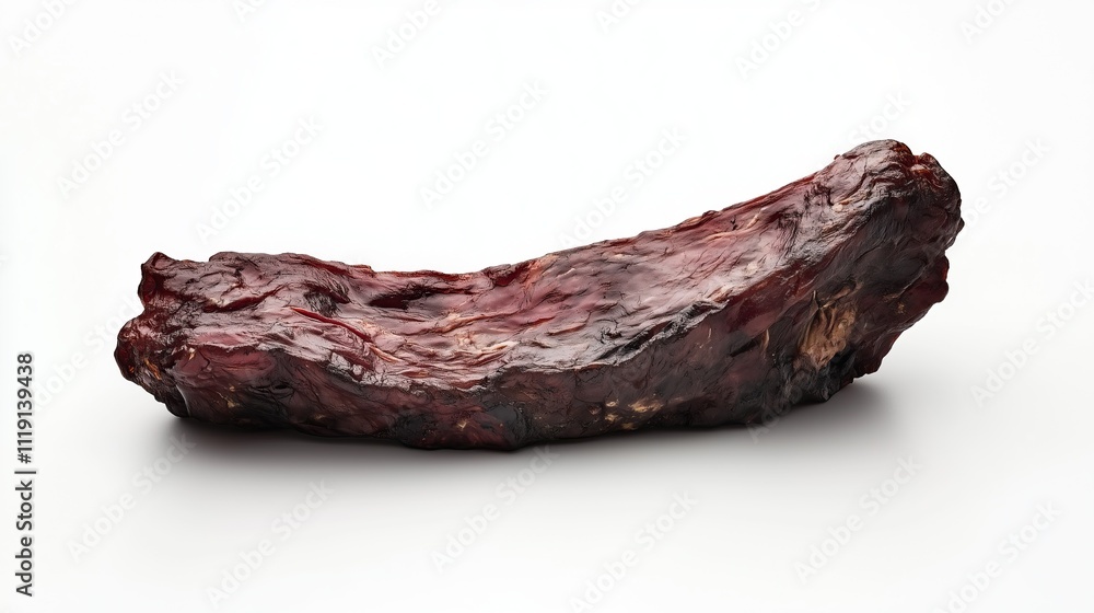Appetizing piece of beef jerky on a white background, isolated Appetizing piece of beef jerky on a white background, isolated