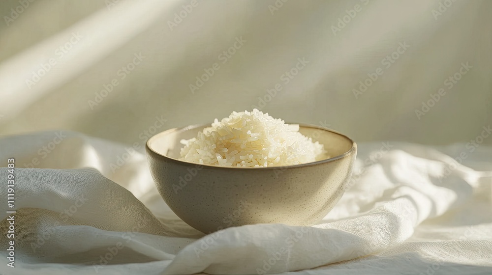 Freshly Cooked White Rice in a Ceramic Bowl on Soft Drapery Freshly Cooked White Rice in a Ceramic Bowl on Soft Drapery