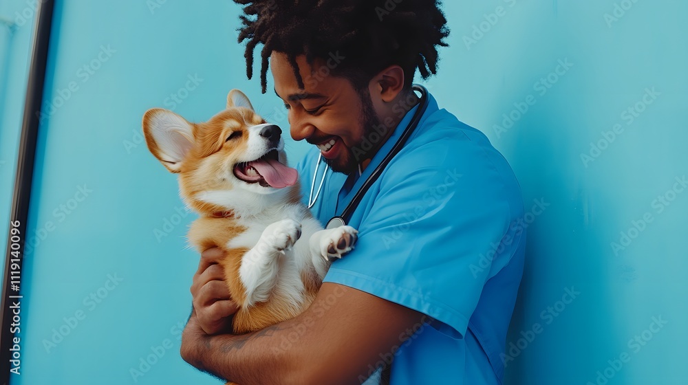 Happy man vet doctor in blue uniform cuddling pembroke welsh corgi dog, playing with little dog after treatment, free space Happy man vet doctor in blue uniform cuddling pembroke welsh corgi dog, playing with little dog after treatment, free space