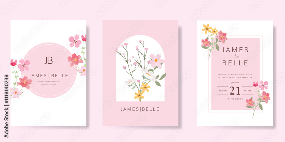 Elegant wedding invitation card background vector. Minimal hand painted watercolor botanical flowers texture template background. Design illustration for wedding, vip cover, poster, rsvp modern card. Elegant wedding invitation card background vector. Minimal hand painted watercolor botanical flowers texture template background. Design illustration for wedding, vip cover, poster, rsvp modern card.