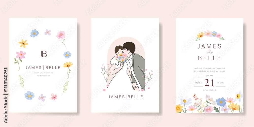 Elegant wedding invitation card background vector. Minimal hand drawn bride and groom in watercolor botanical flowers texture. Design for wedding, vip cover template, rsvp modern card, poster. Elegant wedding invitation card background vector. Minimal hand drawn bride and groom in watercolor botanical flowers texture. Design for wedding, vip cover template, rsvp modern card, poster.