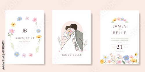 Elegant wedding invitation card background vector. Minimal hand drawn bride and groom in watercolor botanical flowers texture. Design for wedding, vip cover template, rsvp modern card, poster.