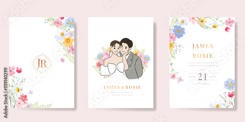 Elegant wedding invitation card background vector. Minimal hand drawn bride and groom in watercolor botanical flowers texture. Design for wedding, vip cover template, rsvp modern card, poster.