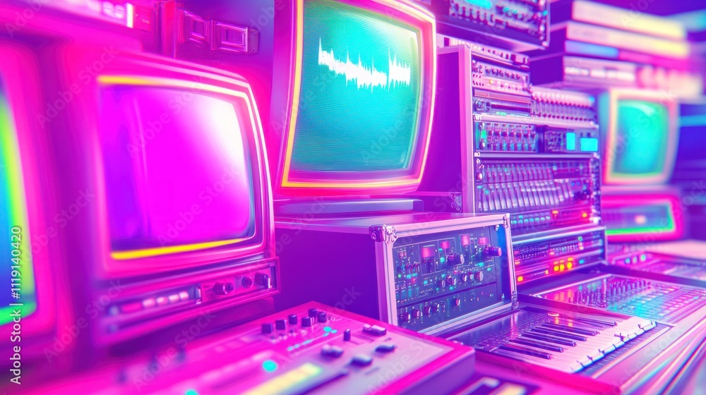 A vibrant display of retro technology with synthesizers and monitors in neon colors. A vibrant display of retro technology with synthesizers and monitors in neon colors.