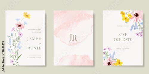 Elegant wedding invitation card background vector. Minimal hand painted watercolor botanical flowers texture template background. Design illustration for wedding, vip cover, poster, rsvp modern card.
