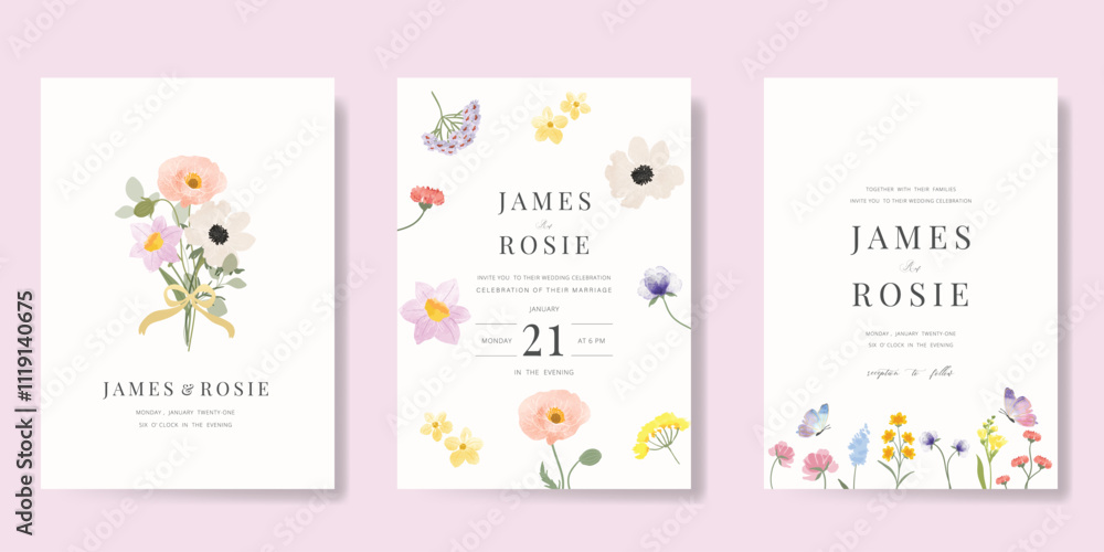 Elegant wedding invitation card background vector. Minimal hand painted watercolor botanical flowers texture template background. Design illustration for wedding, vip cover, poster, rsvp modern card. Elegant wedding invitation card background vector. Minimal hand painted watercolor botanical flowers texture template background. Design illustration for wedding, vip cover, poster, rsvp modern card.