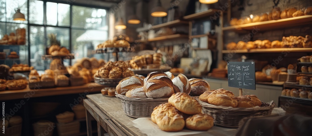 Freshly baked loaves of bread and pastries sit on a counter in a bakery. Freshly baked loaves of bread and pastries sit on a counter in a bakery.